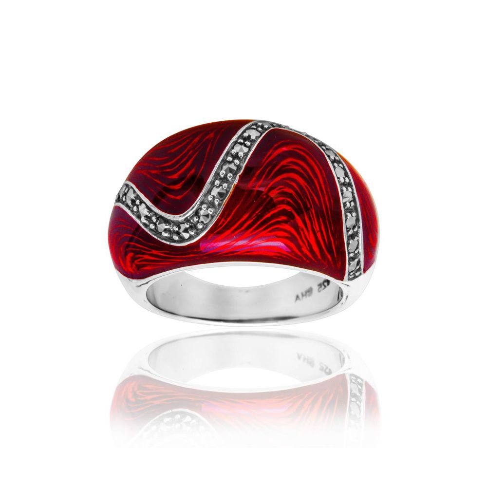 Red Enamel Domed Ring with Swirl Design and Marcasite - Click Image to Close